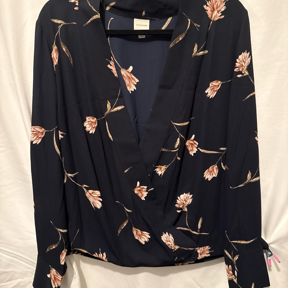 Pleione Navy Floral Wrap Blouse